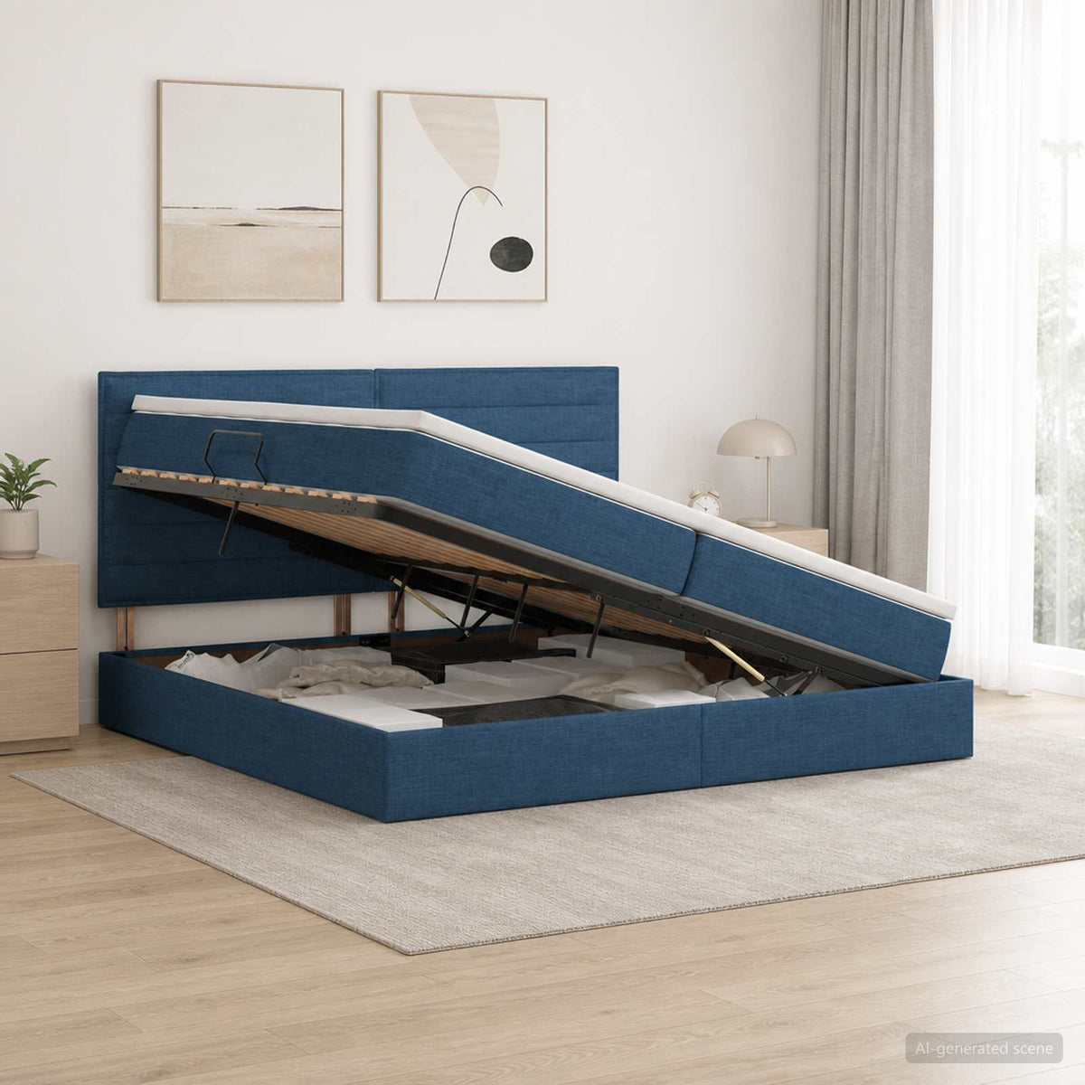 Opslag bed met matras met hoofdeinde Blauw 200 x 200 cm Stof is nu te koop bij PeponiXL, paradijselijk wonen!