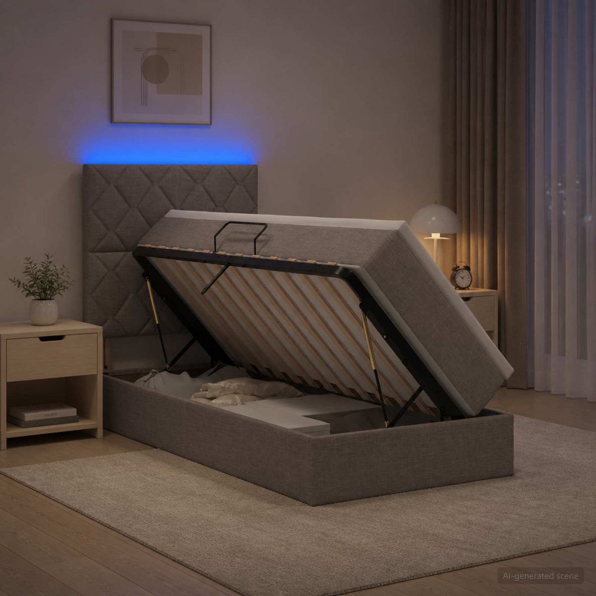 LED Opslagbed met Matras Taupe 100 x 200 cm Stof is nu te koop bij PeponiXL, paradijselijk wonen!