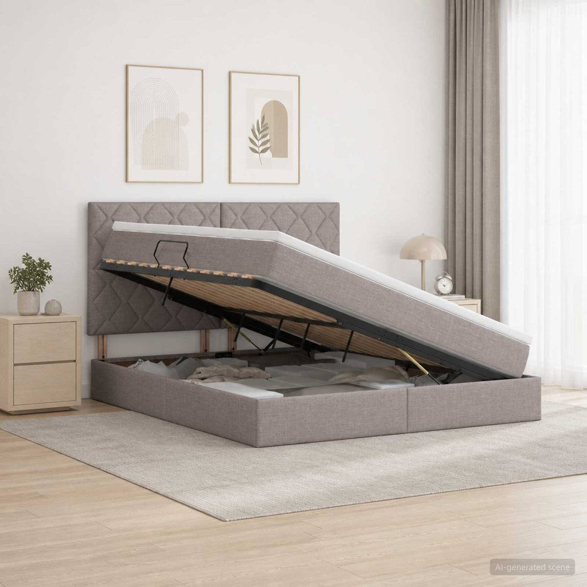 Opslag bed met matras met hoofdeinde Taupe 180 x 200 cm Stof is nu te koop bij PeponiXL, paradijselijk wonen!