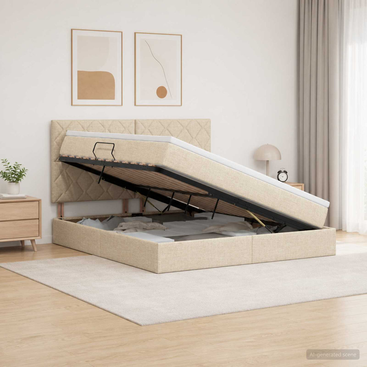 Opslag bed met matras met opslag Crèmekleurig 180 x 200 cm Stof is nu te koop bij PeponiXL, paradijselijk wonen!