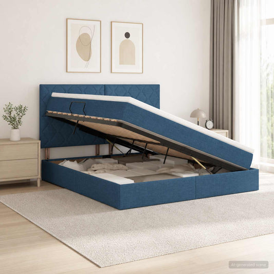 Opslag bed met matras met hoofdeinde Blauw 140 x 200 cm Stof is nu te koop bij PeponiXL, paradijselijk wonen!