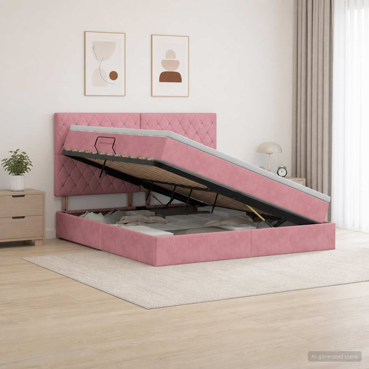 Opslag bed met matras met hoofdeinde Roze 160 x 200 cm Fluweel is nu te koop bij PeponiXL, paradijselijk wonen!