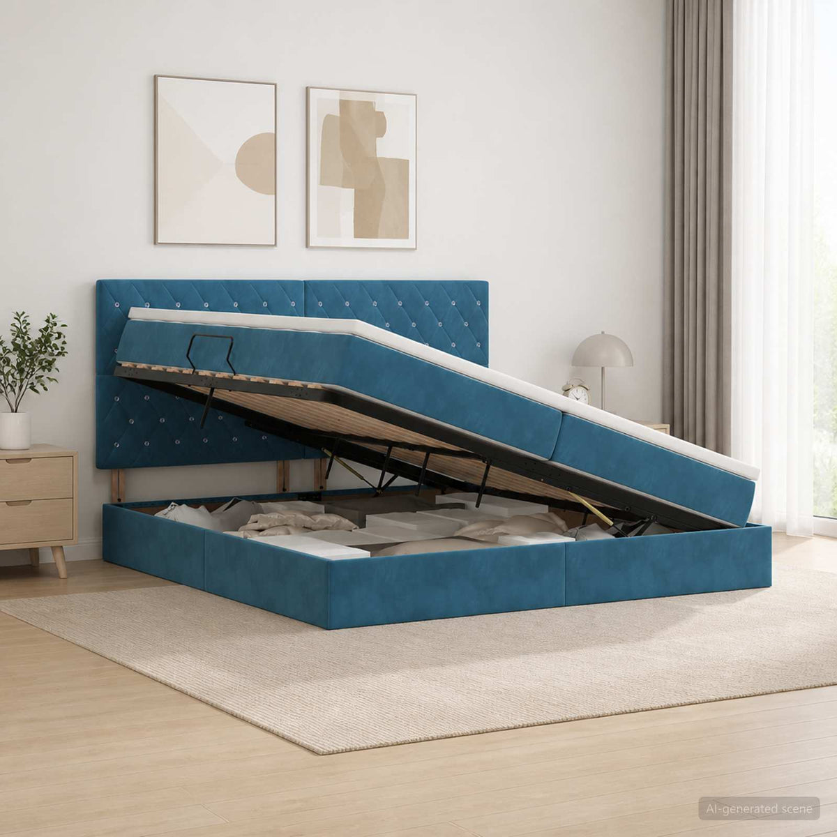 Opslag bed met matras Donkerblauw 200 x 200 cm Fluweel is nu te koop bij PeponiXL, paradijselijk wonen!