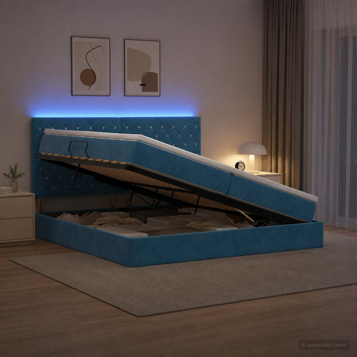 vidaXL LED Opslagbed met Matras Donkerblauw 200 x 200 cm Fluweel