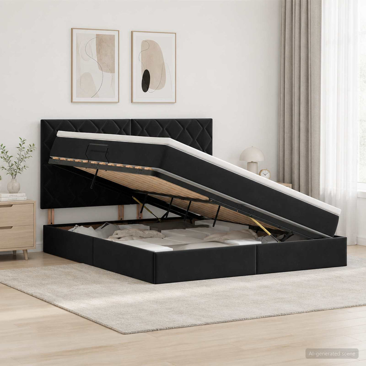 Opslag bed met matras met hoofdeinde Zwart 160 x 200 cm Fluweel is nu te koop bij PeponiXL, paradijselijk wonen!