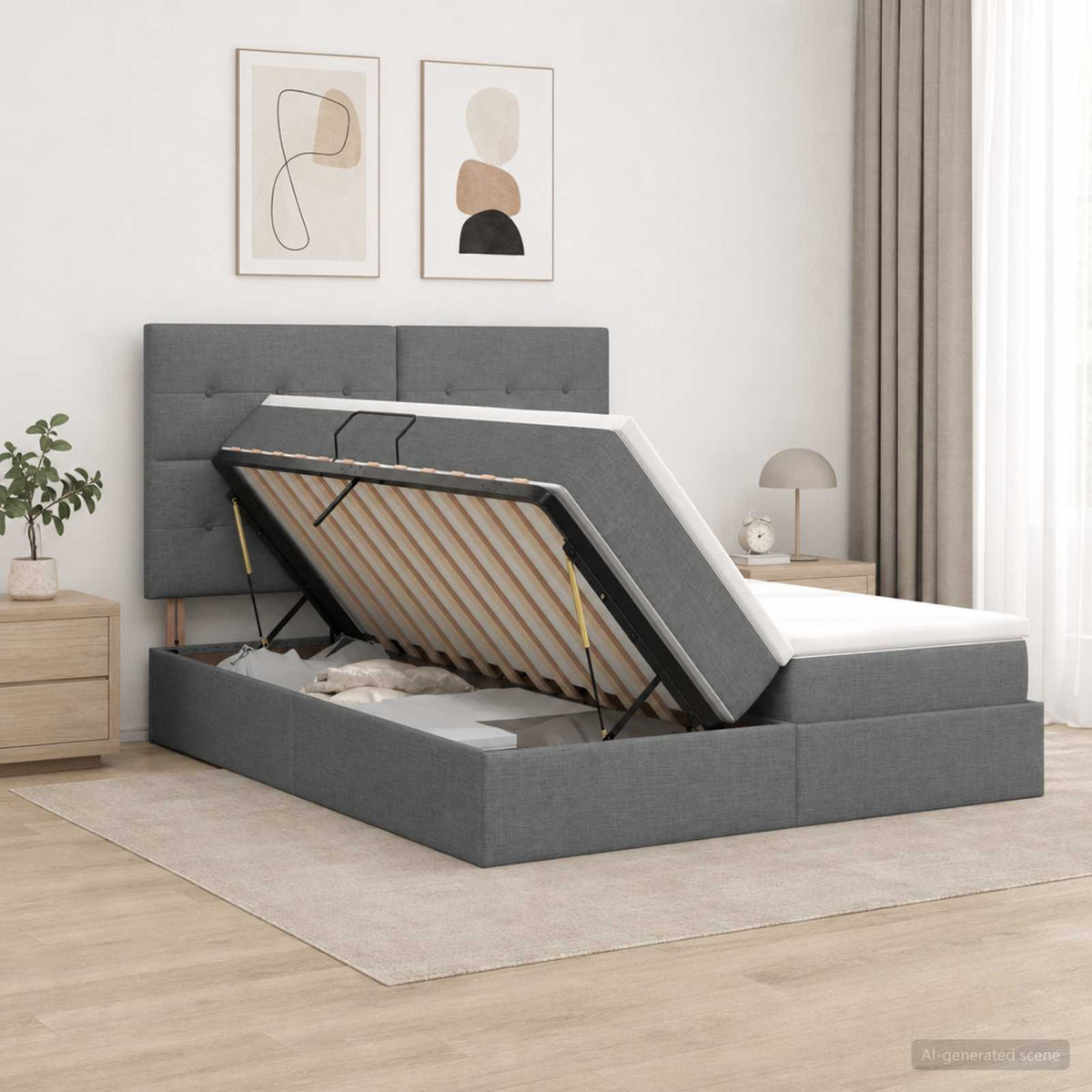 Opslag bed met hoofdeinde Donkergrijs 200 x 200 cm Stof is nu te koop bij PeponiXL, paradijselijk wonen!