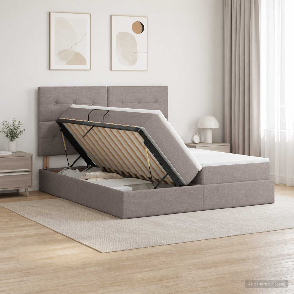 vidaXL Opslag bed met hoofdeinde met opslag Taupe 200 x 200 cm Stof