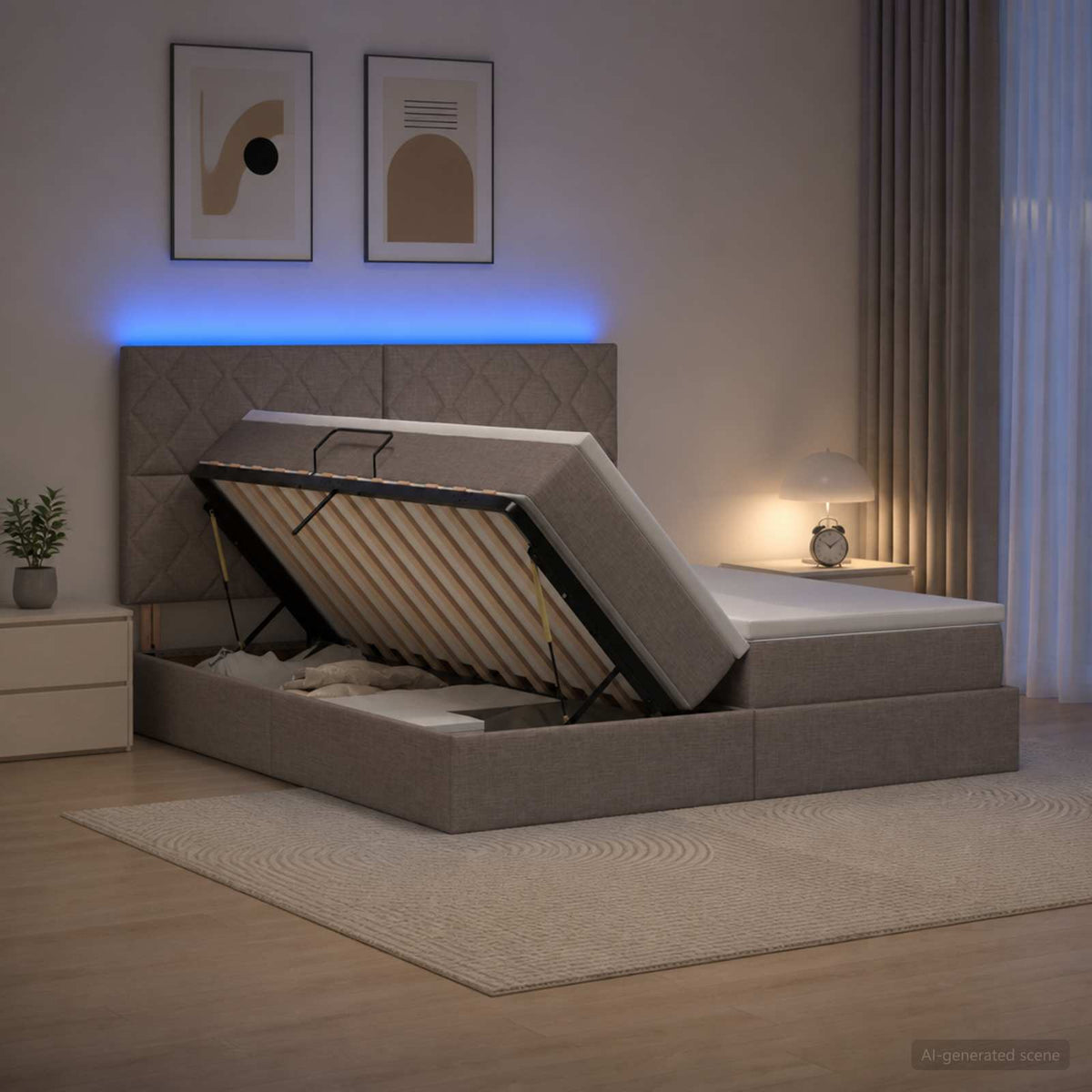 vidaXL LED Opslagbed met Matras Taupe 200 x 200 cm Stof