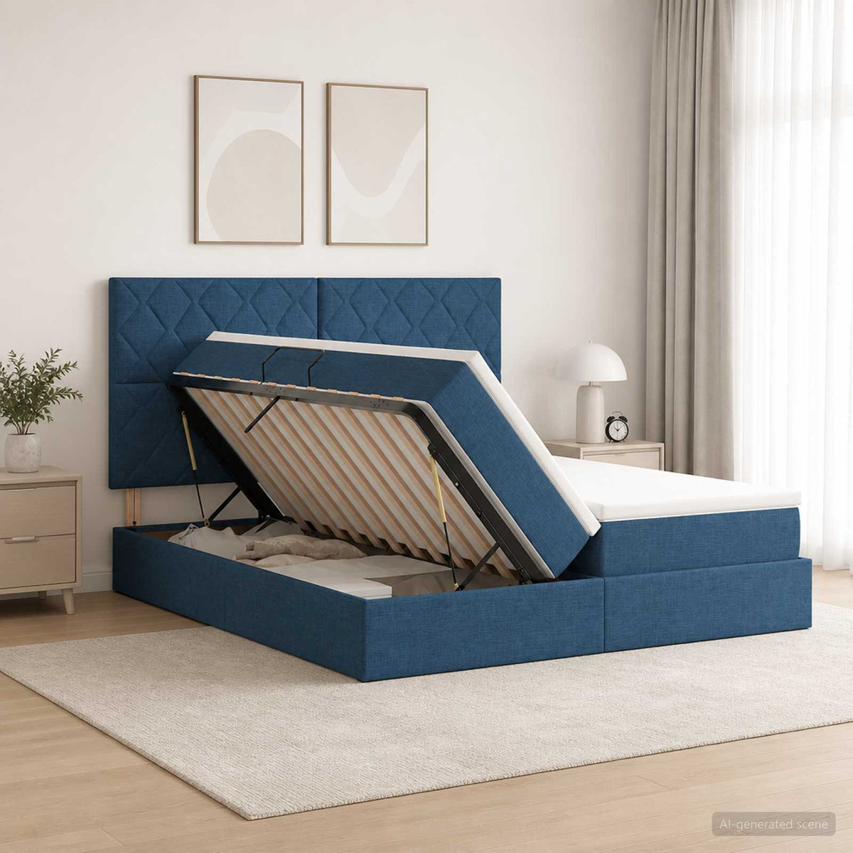 Opslag bed met hoofdeinde met opslag Blauw 180 x 200 cm Stof is nu te koop bij PeponiXL, paradijselijk wonen!