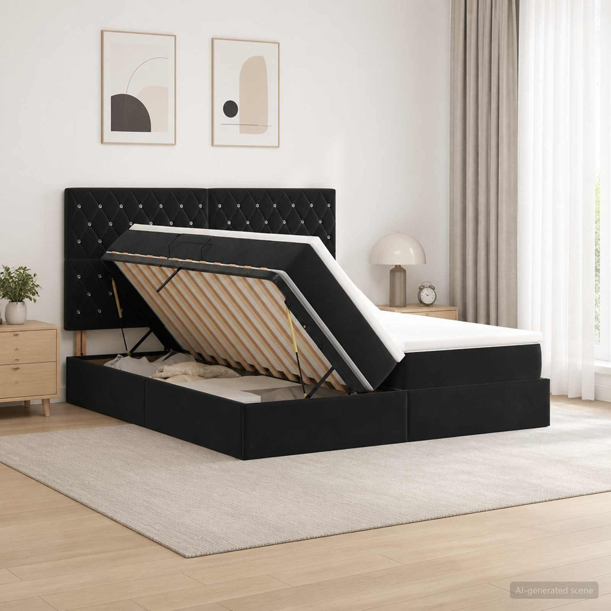 Opslag bed met hoofdeinde met opslag Zwart 200 x 200 cm Fluweel is nu te koop bij PeponiXL, paradijselijk wonen!