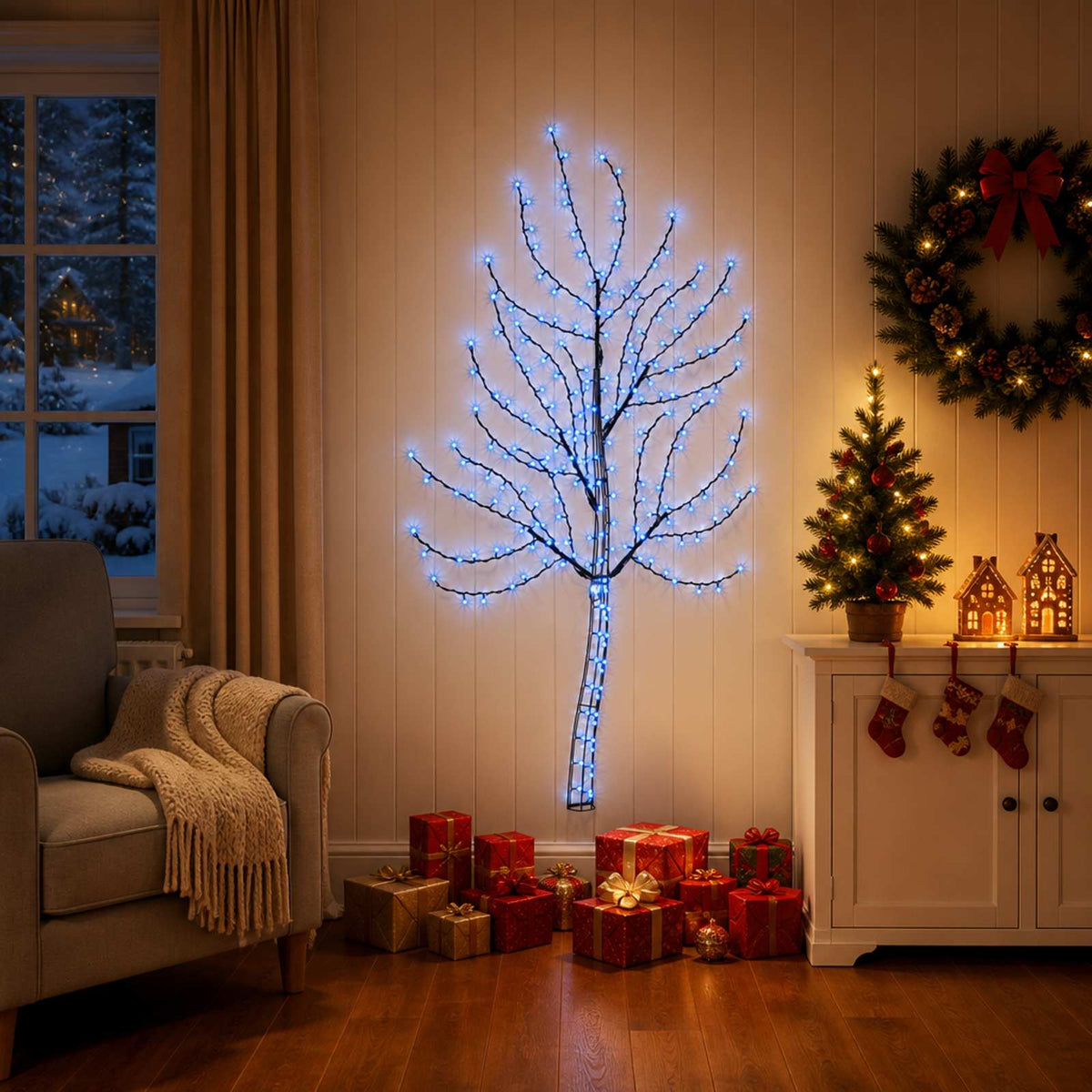 LED-wandkerstboom 150 cm 140 LED's Blauw Staal Zwart is nu te koop bij PeponiXL, paradijselijk wonen!