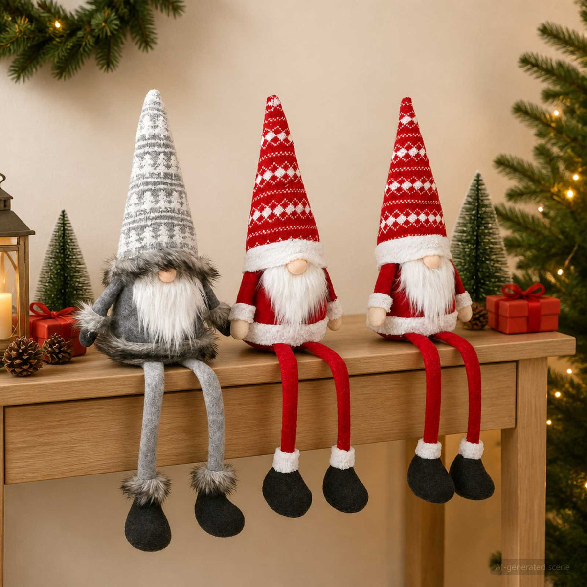 Zittende kerstgnomenset met led-verlichting 3 st Rood en Grijs is nu te koop bij PeponiXL, paradijselijk wonen!