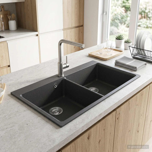 Keuken Wasbak Dubbele Wasbak Graniet 86 x 51 x 30 cm Grafiet is nu te koop bij PeponiXL, paradijselijk wonen!