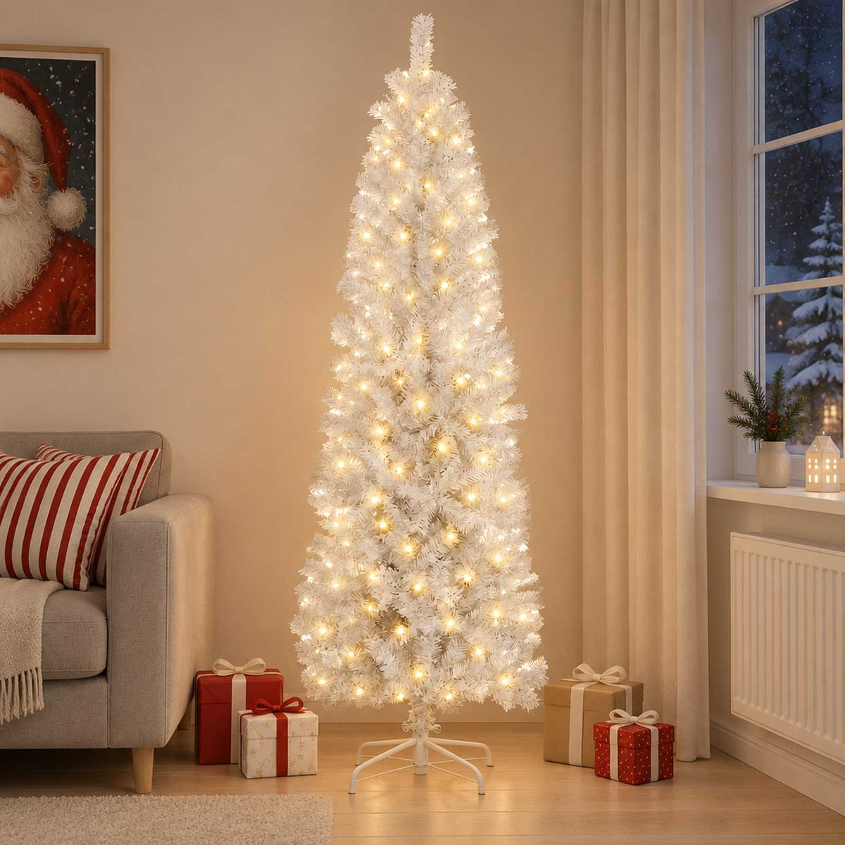Kunstmatige slanke kerstboom 240 cm 300 LED's Warmwit is nu te koop bij PeponiXL, paradijselijk wonen!