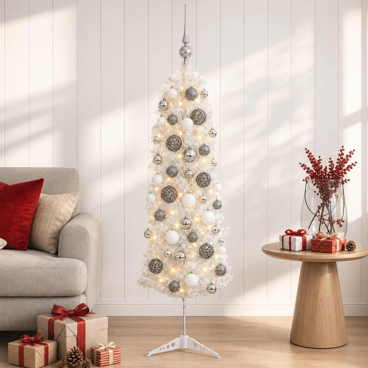 vidaXL Smalle kunstkerstboom met kerstballen 150 cm 150 LED's Warmwit