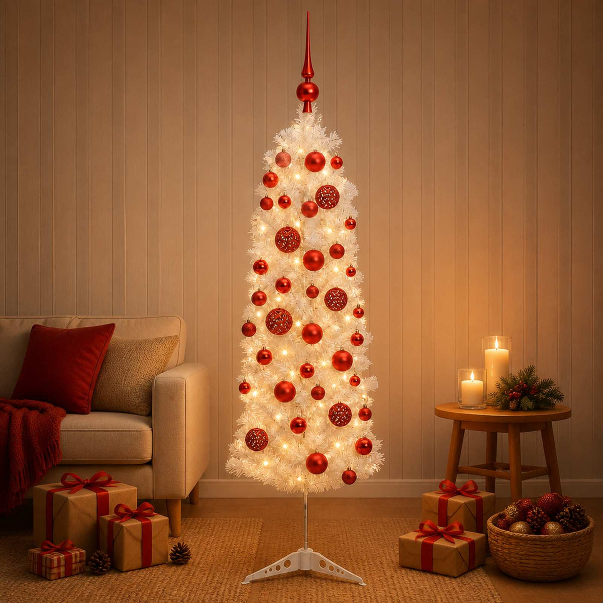 Smalle kunstkerstboom met kerstballen 120 cm 150 LED's Warmwit is nu te koop bij PeponiXL, paradijselijk wonen!