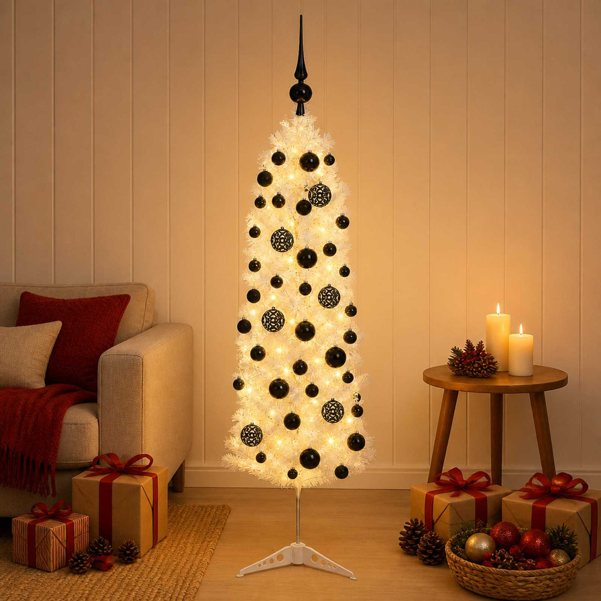 Smalle kunstkerstboom met kerstballen 150 cm 150 LED's Warmwit is nu te koop bij PeponiXL, paradijselijk wonen!