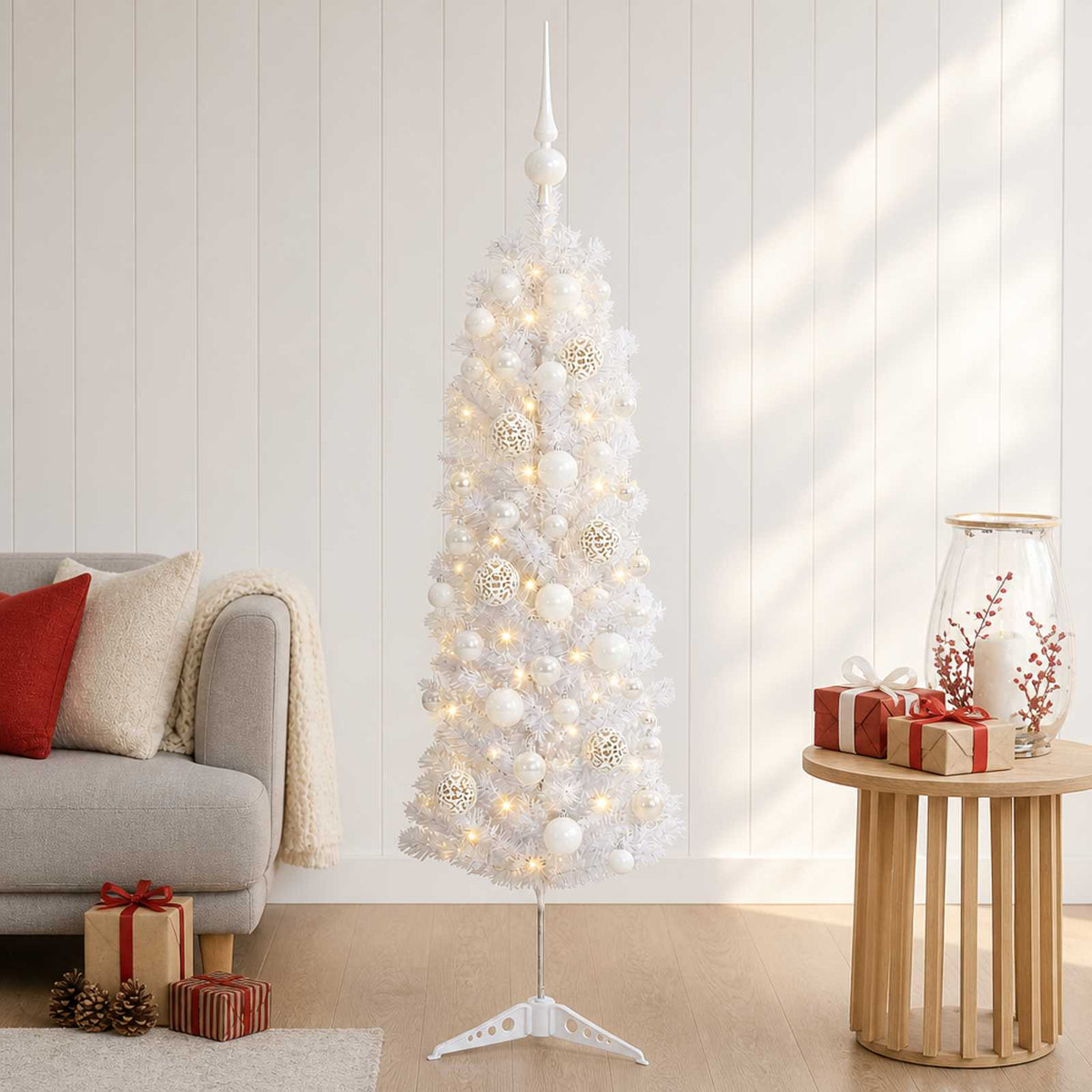 Smalle kunstkerstboom met kerstballen 120 cm 150 LED's Warmwit is nu te koop bij PeponiXL, paradijselijk wonen!