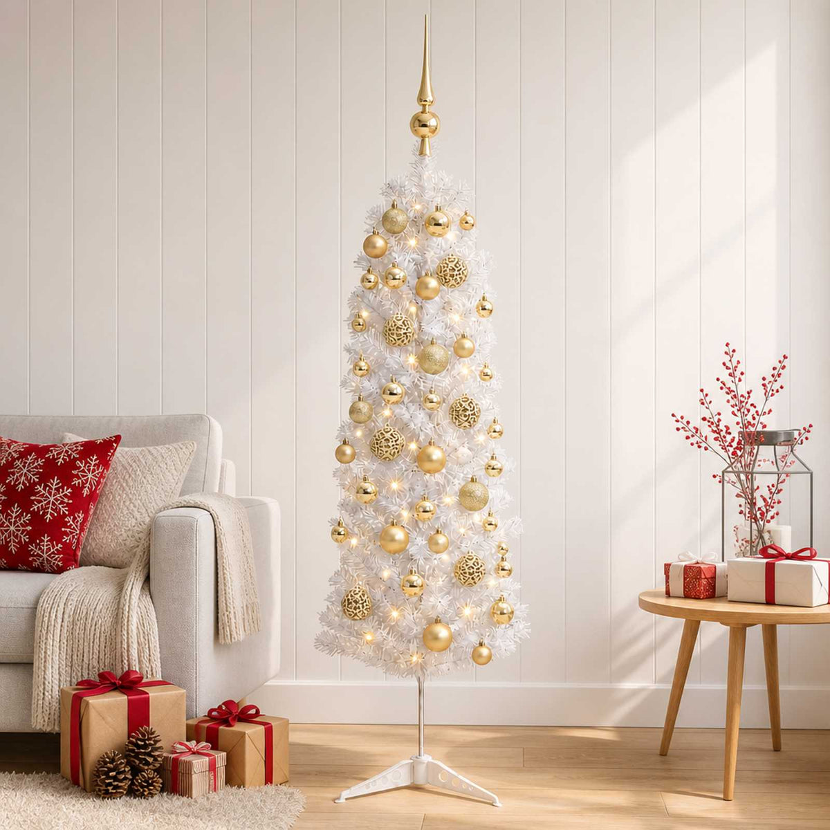 Smalle kunstkerstboom met kerstballen 150 cm 150 LED's Warmwit is nu te koop bij PeponiXL, paradijselijk wonen!