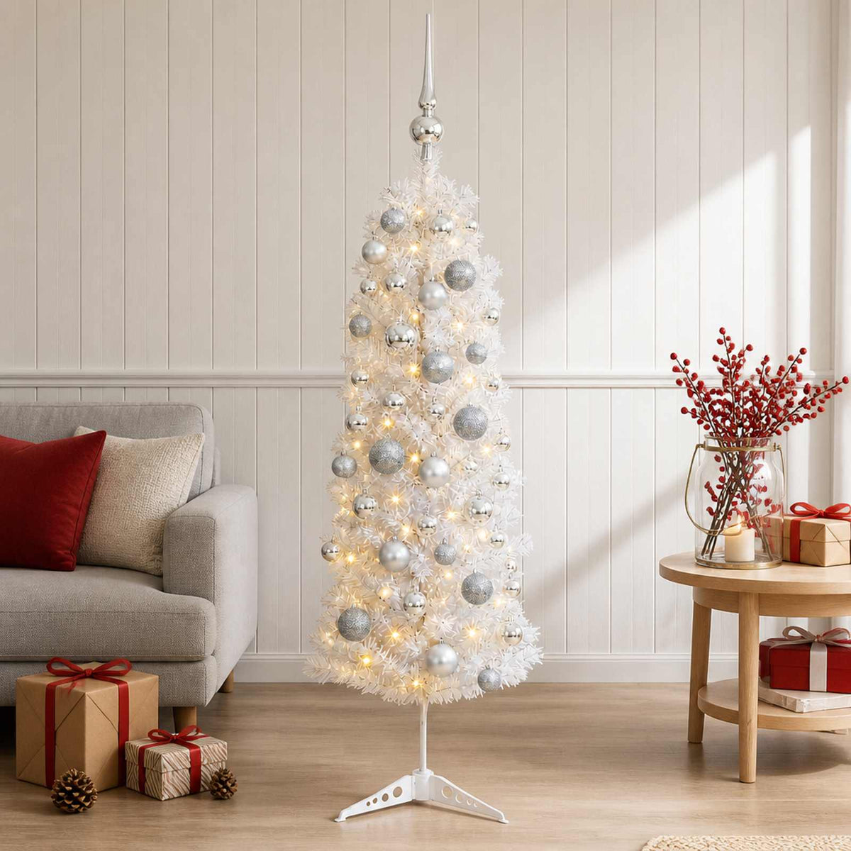 vidaXL Smalle kunstkerstboom met kerstballen 120 cm 150 LED's Warmwit