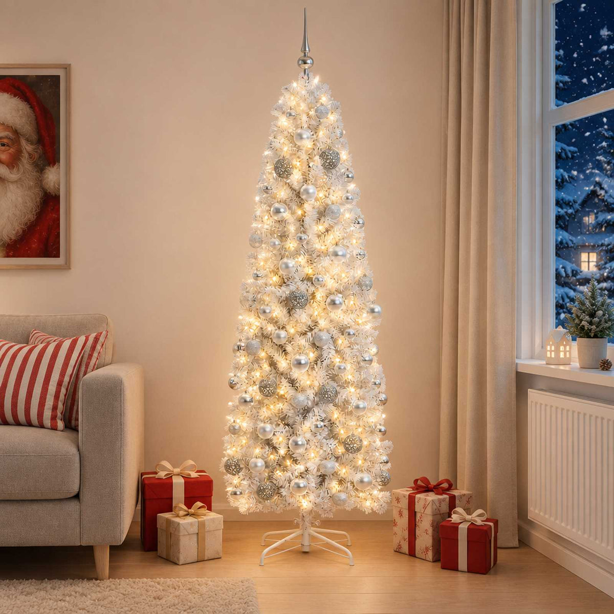 Smalle kunstkerstboom met kerstballen 180 cm 300 LED's Warmwit is nu te koop bij PeponiXL, paradijselijk wonen!