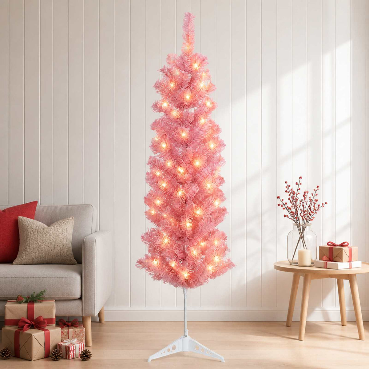 Kunstmatige slanke kerstboom 120 cm 150 LED's Warmwit is nu te koop bij PeponiXL, paradijselijk wonen!