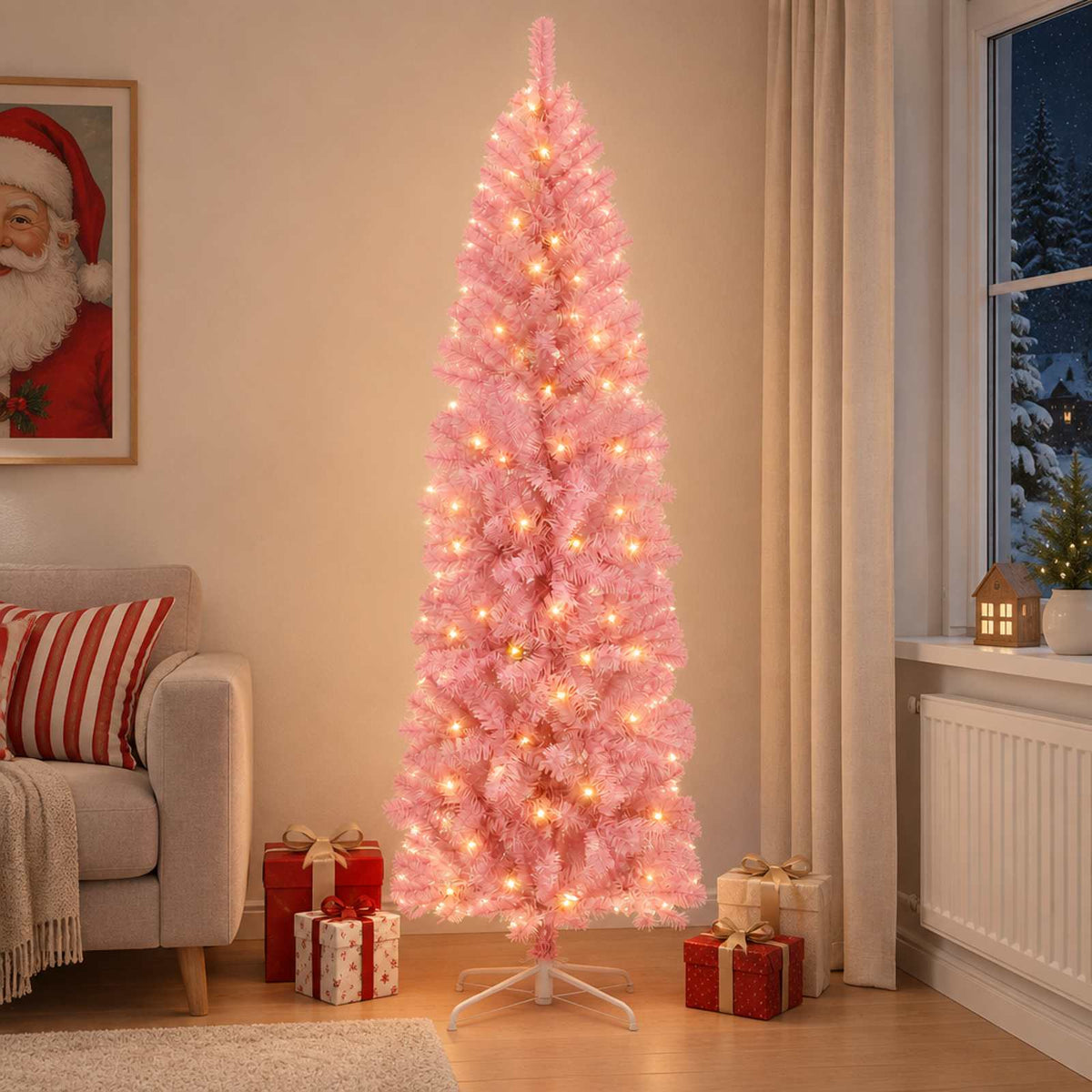 Kunstmatige slanke kerstboom 240 cm 300 LED's Warmwit is nu te koop bij PeponiXL, paradijselijk wonen!