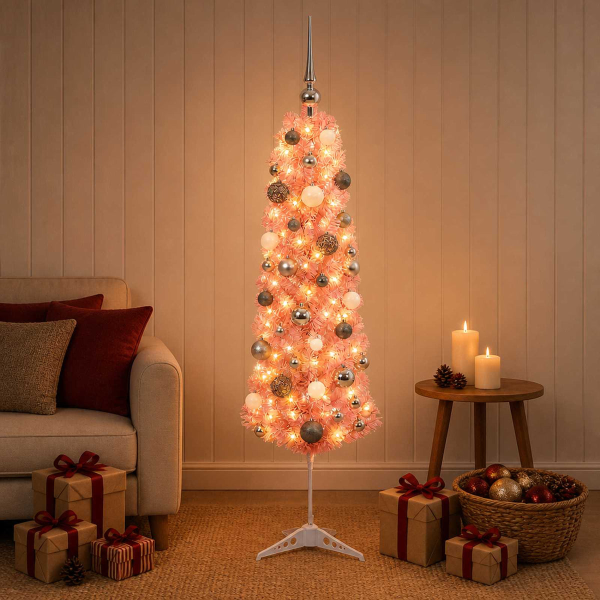 Smalle kunstkerstboom met kerstballen 150 cm 150 LED's Warmwit is nu te koop bij PeponiXL, paradijselijk wonen!