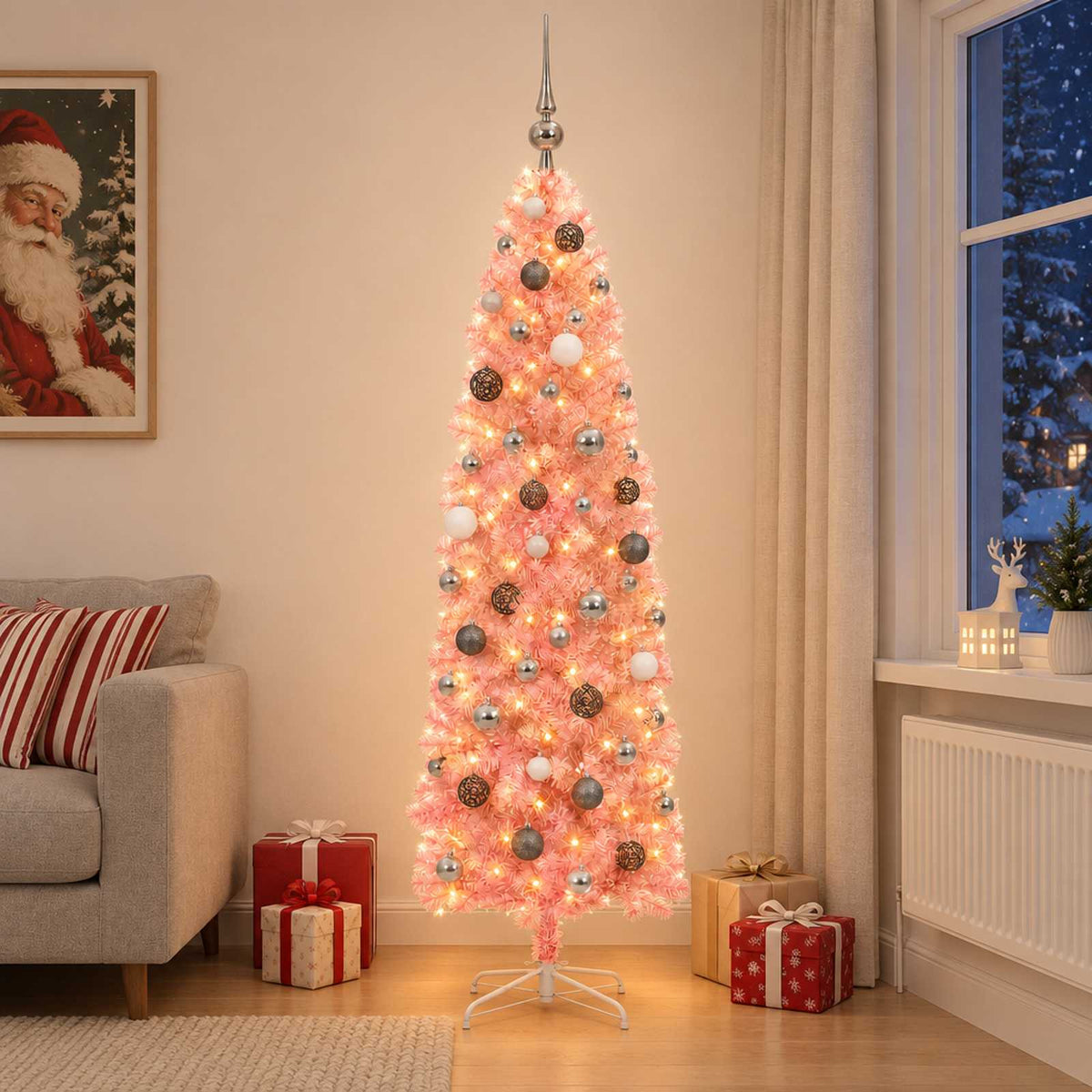 vidaXL Smalle kunstkerstboom met kerstballen 210 cm 300 LED's Warmwit