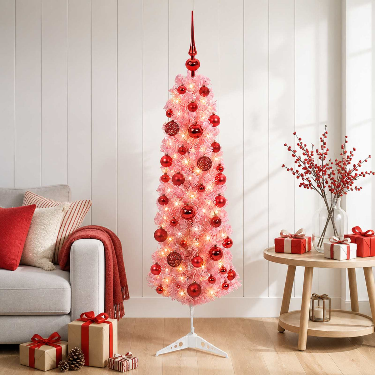 Kunstkerstboom smal met kerstbal 150 cm 150 LED's Warmwit is nu te koop bij PeponiXL, paradijselijk wonen!
