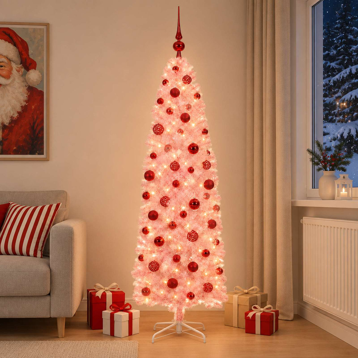 Slanke kunstkerstboom met kerstballen 180 cm 300 LED's Warmwit is nu te koop bij PeponiXL, paradijselijk wonen!