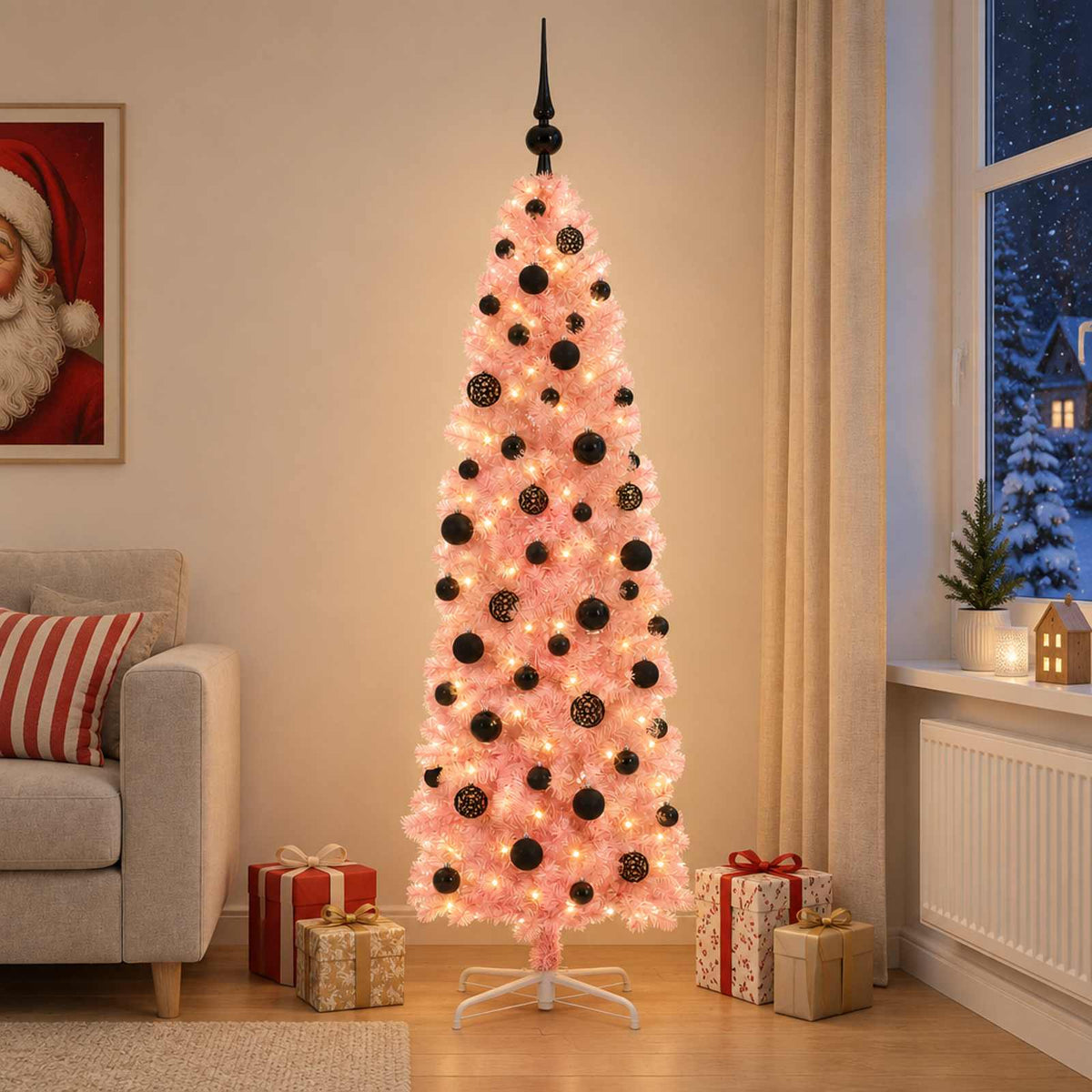 vidaXL Smalle kunstkerstboom met kerstballen 210 cm 300 LED's Warmwit