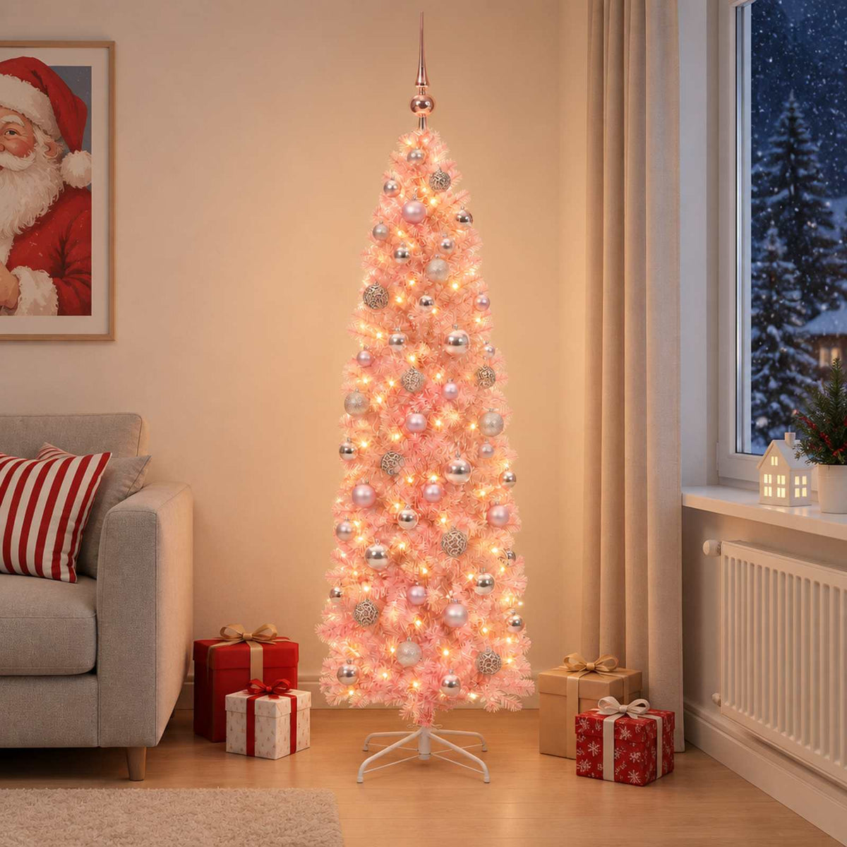 Smalle kunstkerstboom met kerstballen 180 cm 300 LED's Warmwit is nu te koop bij PeponiXL, paradijselijk wonen!