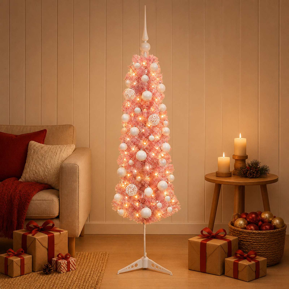 Smalle kunstkerstboom met kerstballen 120 cm 150 LED's Warmwit is nu te koop bij PeponiXL, paradijselijk wonen!
