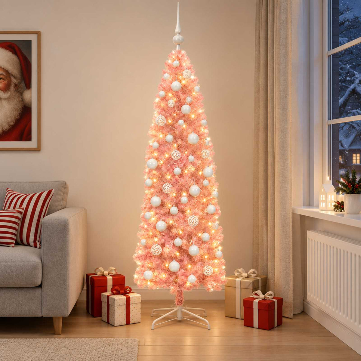 Smalle kunstkerstboom met kerstbal 180 cm 300 LED's Warmwit is nu te koop bij PeponiXL, paradijselijk wonen!