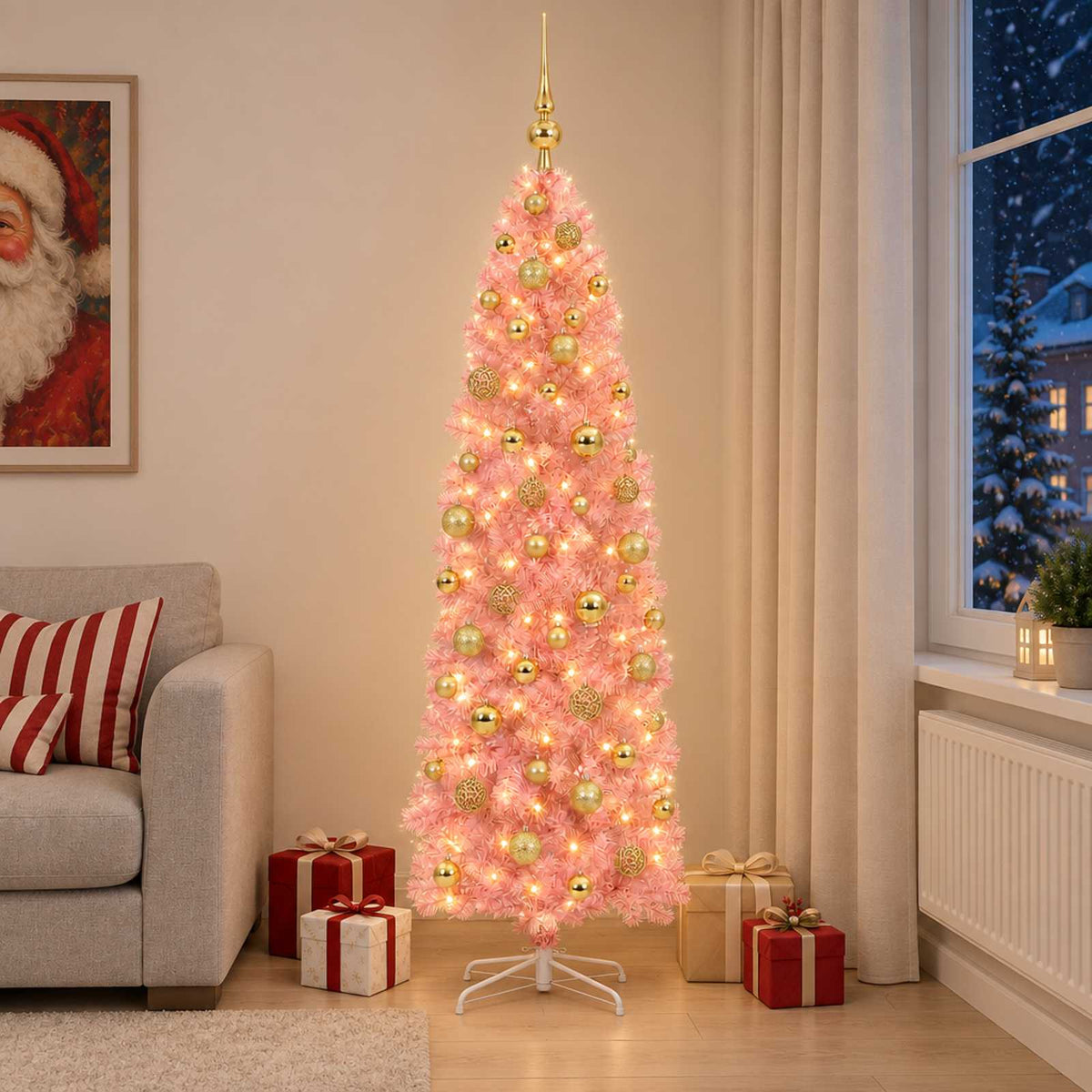 Smalle kunstkerstboom met kerstballen 240 cm 300 LED's Warmwit is nu te koop bij PeponiXL, paradijselijk wonen!