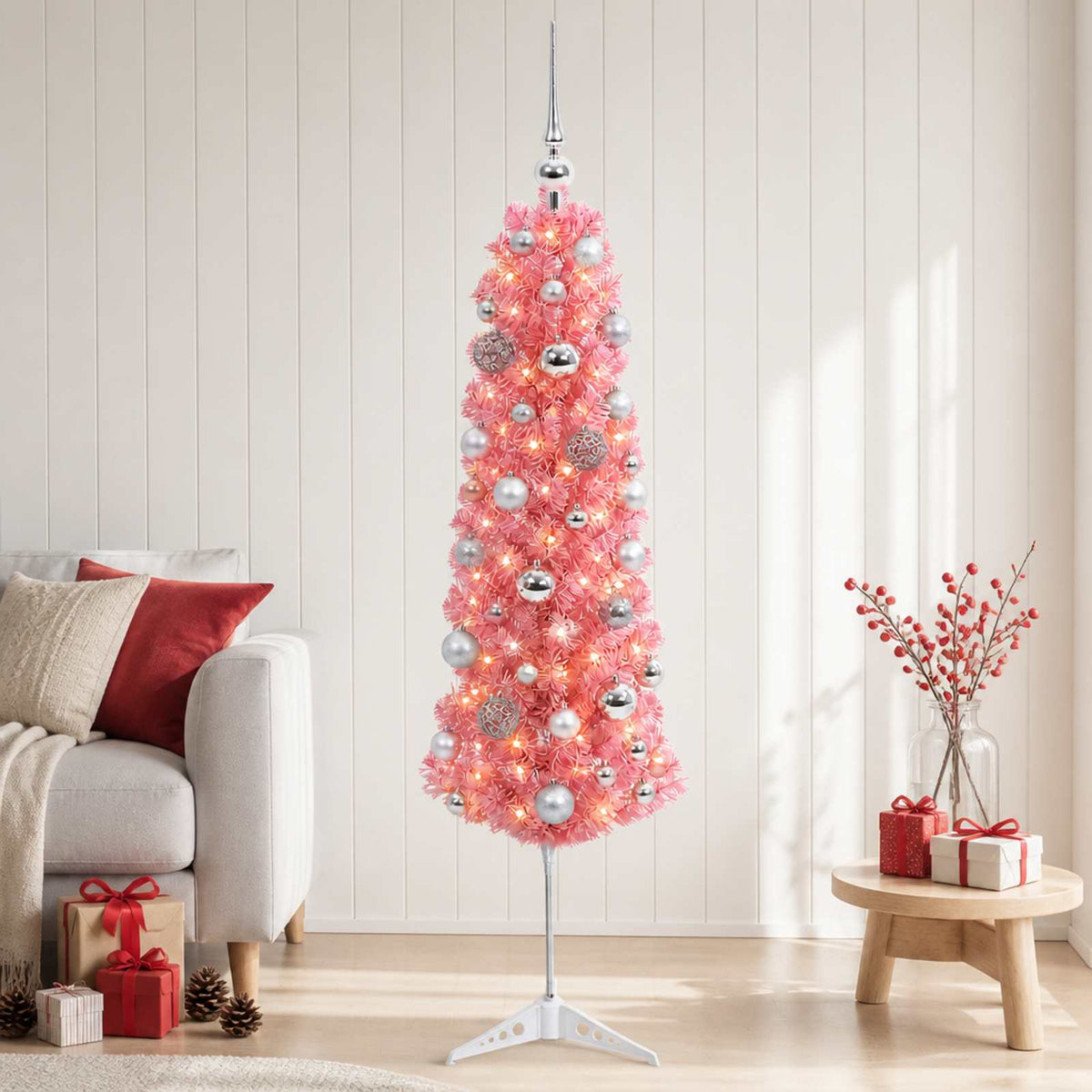 Smalle kunstkerstboom met kerstballen 120 cm 150 LED's Warmwit is nu te koop bij PeponiXL, paradijselijk wonen!
