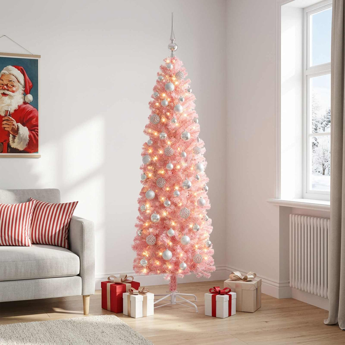 Smalle kunstkerstboom met kerstballen 240 cm 300 LED's Warmwit is nu te koop bij PeponiXL, paradijselijk wonen!