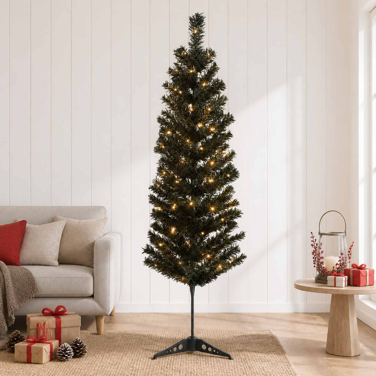 Kunstmatige slanke kerstboom 150 cm 150 LED's Warmwit is nu te koop bij PeponiXL, paradijselijk wonen!