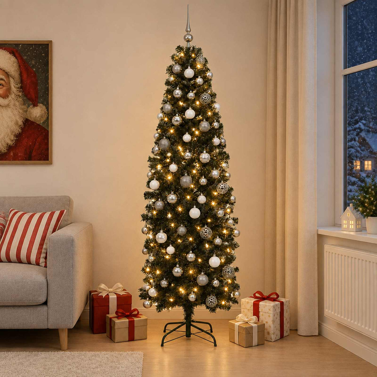 vidaXL Smalle kunstkerstboom met kerstballen 240 cm 300 LED's Warmwit