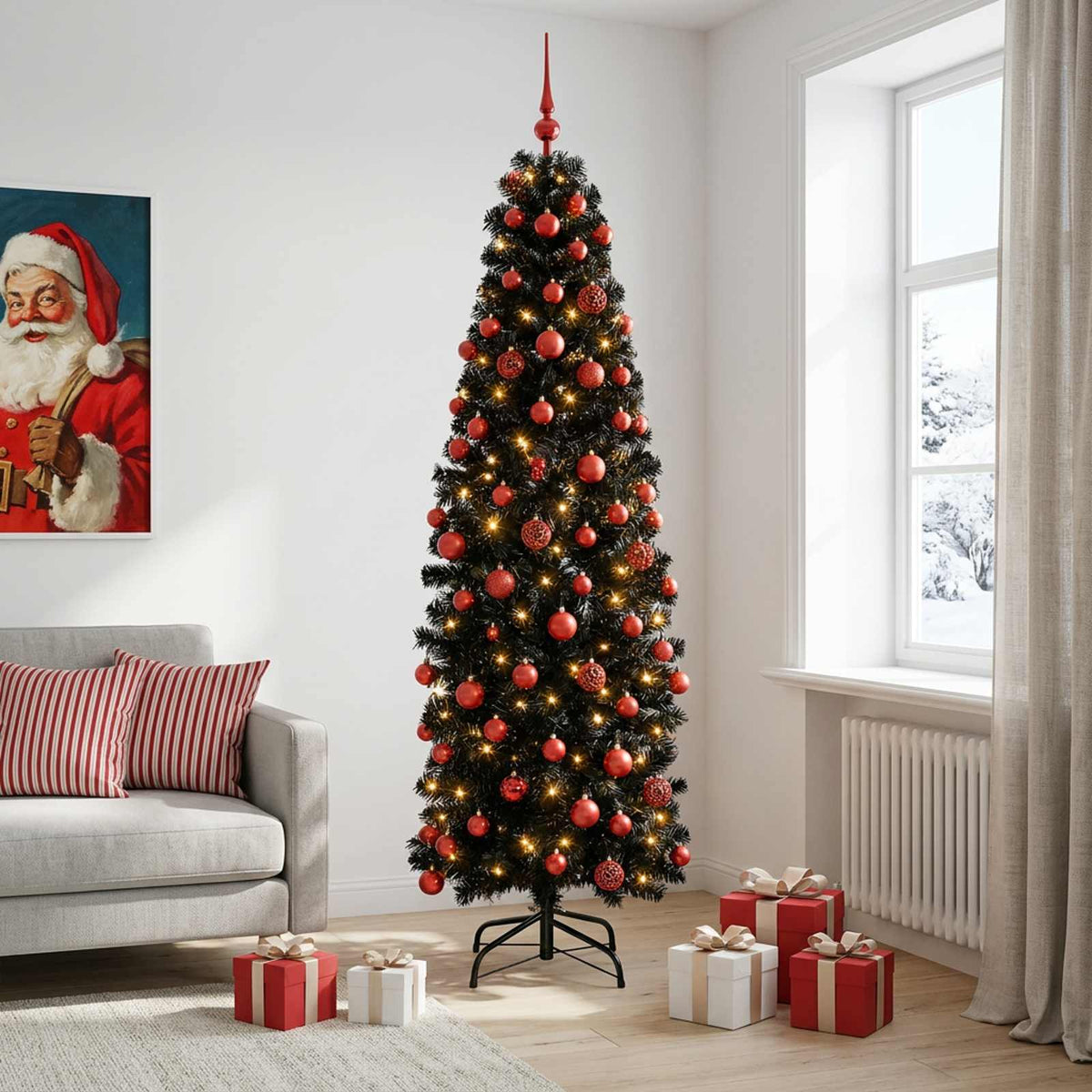 Smalle kunstkerstboom met kerstballen 210 cm 300 LED's Warmwit is nu te koop bij PeponiXL, paradijselijk wonen!