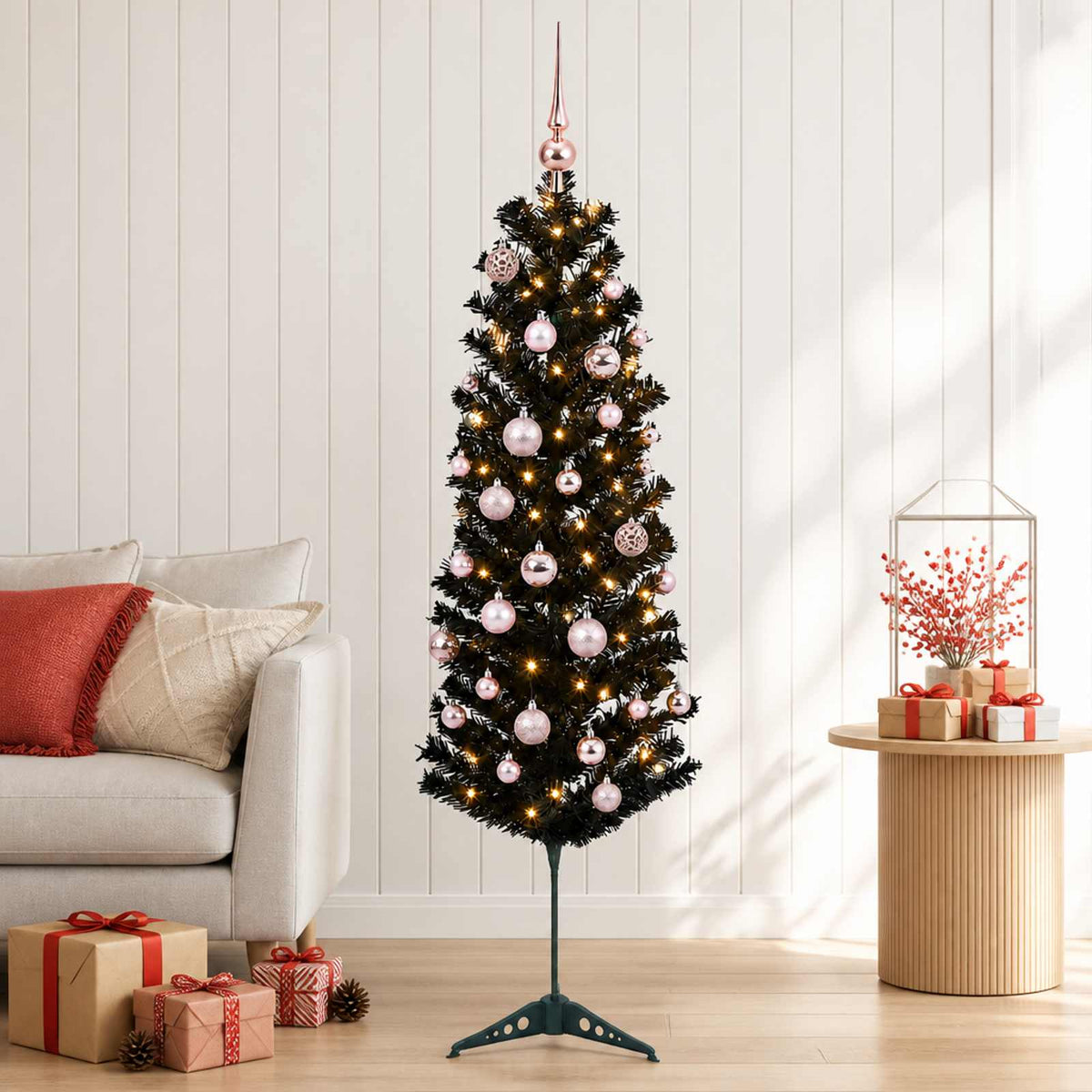 Smalle kunstkerstboom met kerstballen 120 cm 150 LED's Warmwit is nu te koop bij PeponiXL, paradijselijk wonen!