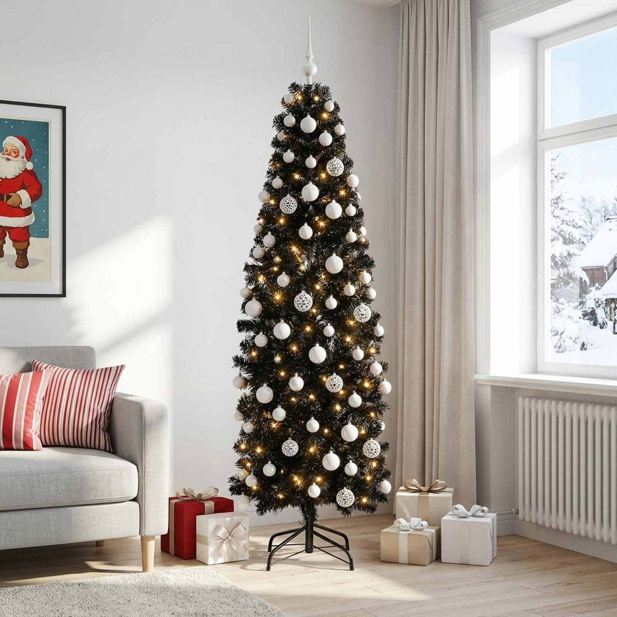 Smalle kunstkerstboom met kerstballen 180 cm 300 LED's Warmwit is nu te koop bij PeponiXL, paradijselijk wonen!