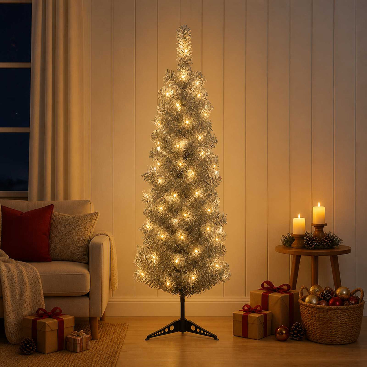 Kunstmatige slanke kerstboom 150 cm 150 LED's Warmwit is nu te koop bij PeponiXL, paradijselijk wonen!