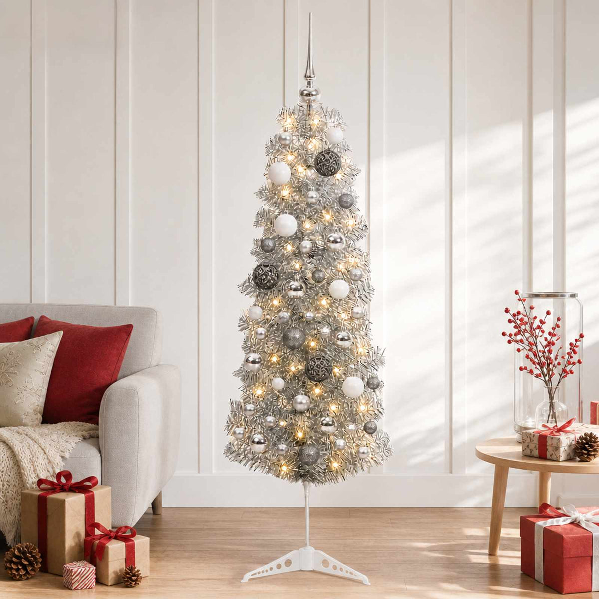 Smalle kunstkerstboom met kerstballen 150 cm 150 LED's Warmwit is nu te koop bij PeponiXL, paradijselijk wonen!