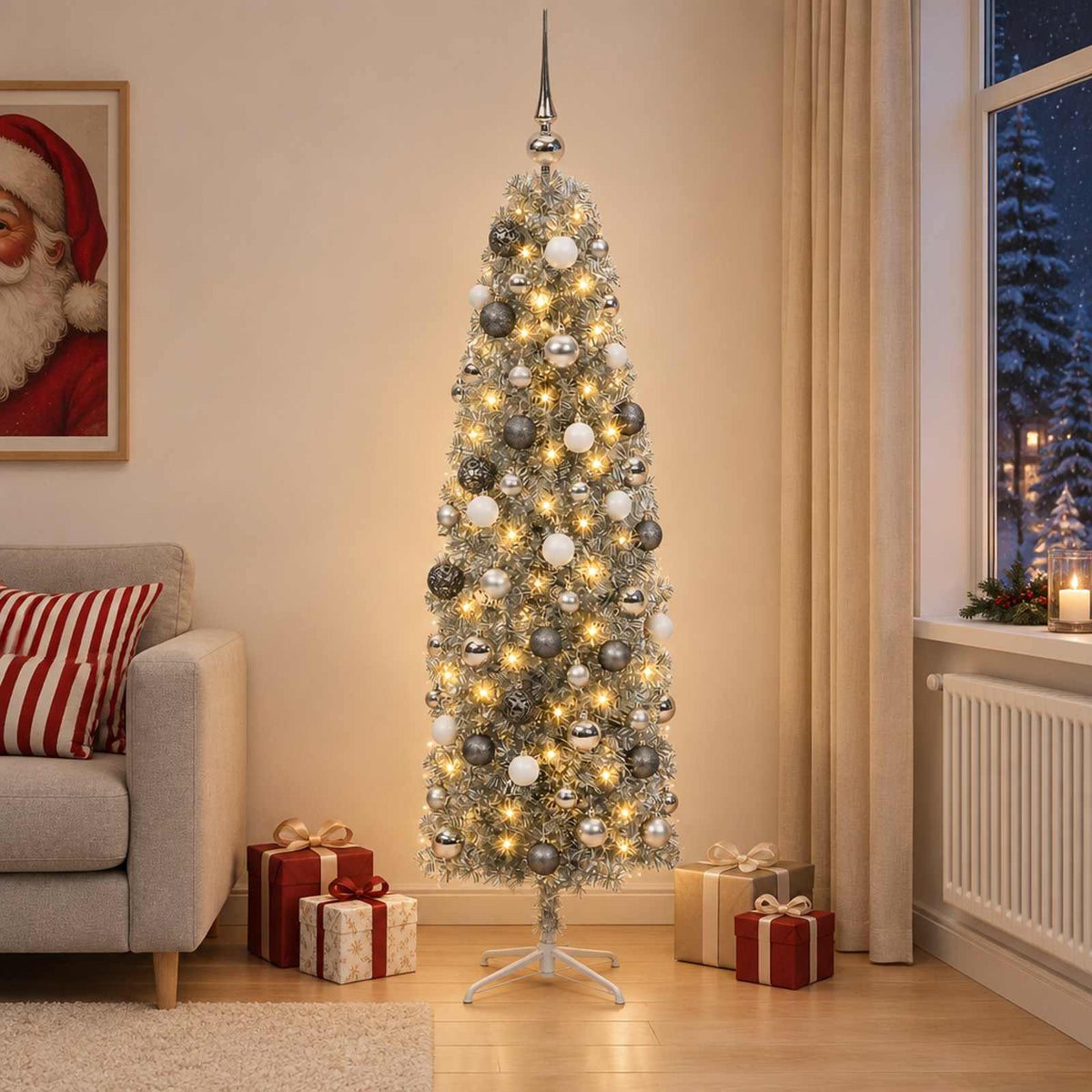 Smalle kunstkerstboom met kerstballen 180 cm 300 LED's Warmwit is nu te koop bij PeponiXL, paradijselijk wonen!