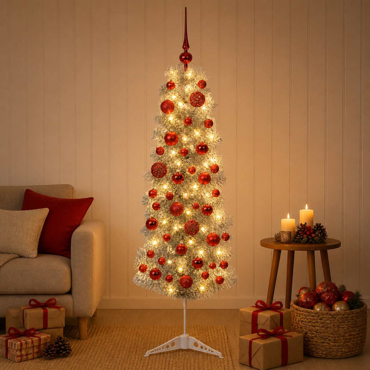 Smalle kunstkerstboom met kerstballen 150 cm 150 LED's Warmwit is nu te koop bij PeponiXL, paradijselijk wonen!