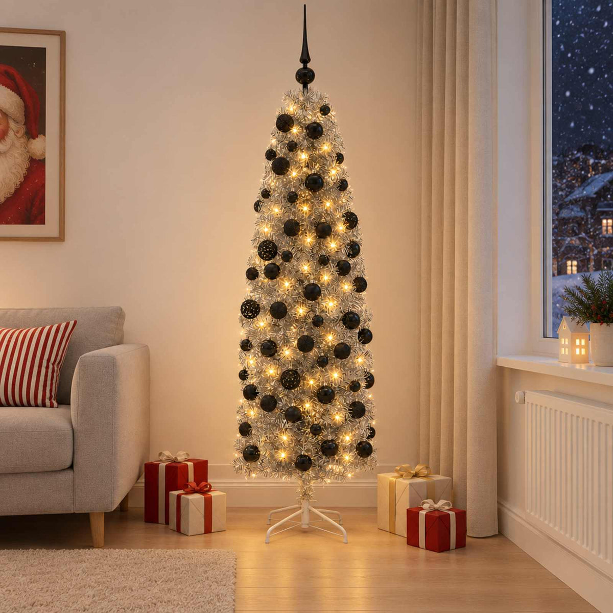 Smalle kunstkerstboom met kerstballen 180 cm 300 LED's Warmwit is nu te koop bij PeponiXL, paradijselijk wonen!