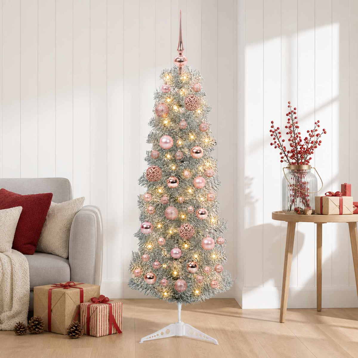 Smalle kunstkerstboom met kerstballen 150 cm 150 LED's Warmwit is nu te koop bij PeponiXL, paradijselijk wonen!