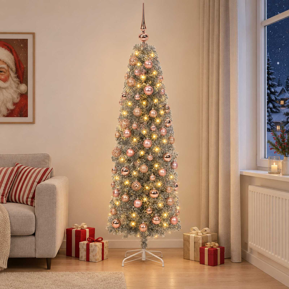 Smalle kunstkerstboom met kerstballen 180 cm 300 LED's Warmwit is nu te koop bij PeponiXL, paradijselijk wonen!